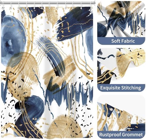 deFouliao Boho Shower Curtain, Mid Century Abstract Blue Gold Waterproof Shower Curtain for Bathroom Bathtub Home Curtain Decor, Washable with Hooks, 65Wx72L