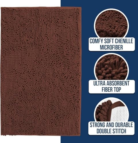 Muddy Mat® | Chenille Bathroom Rugs Quick Dry Microfiber Mats Non Slip Washable, Extra Thick, Soft and Highly Absorbent Bath Mats for Bathroom, Kitchen, and Shower Floor - Brown 36"x60"