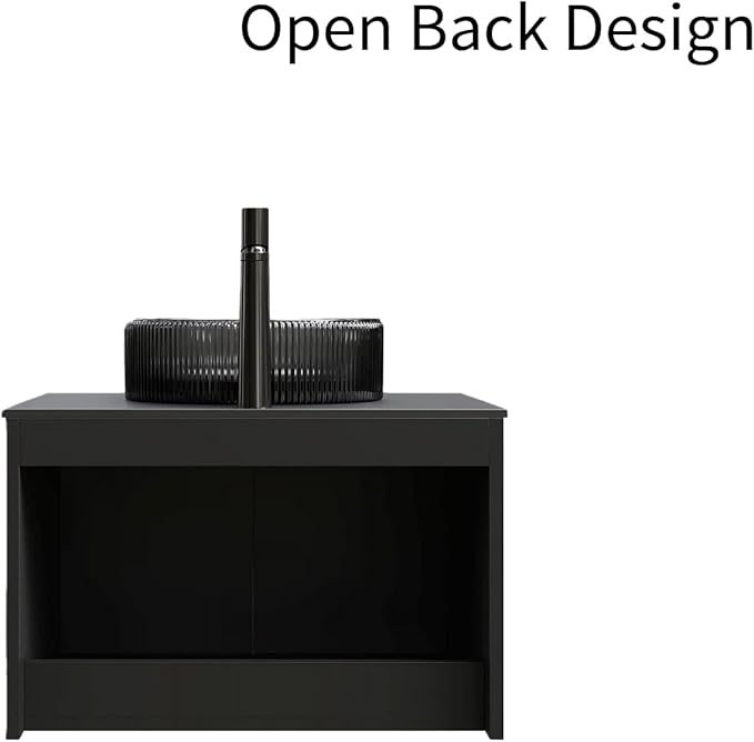 24" Bathroom Vanity with Sink, Wall-Mounted Bathroom Vanity with Transparent Black Round Glass Basin, Modern Plywood Floating Vanity with Twill Double Doors, Bathroom Storage Cabinet, Black