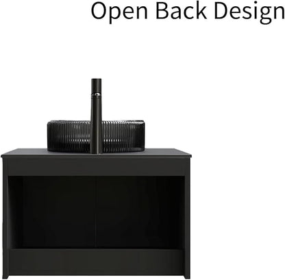 24" Bathroom Vanity with Sink, Wall-Mounted Bathroom Vanity with Transparent Black Round Glass Basin, Modern Plywood Floating Vanity with Twill Double Doors, Bathroom Storage Cabinet, Black