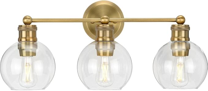 Hansford Collection 3-Light Clear Glass Farmhouse Bath Vanity Light Vintage Brass