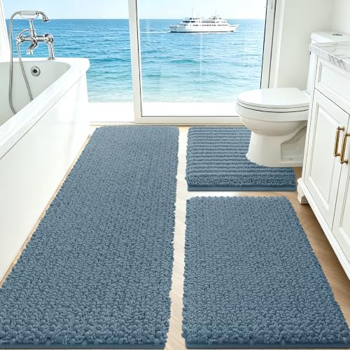 ACCUMTEK Upgrade Extra Large Haze Blue Bathroom Rug Set 3 Pieces Ultra Soft, Thick Absorbent Bath Mats, Non Slip Chenille Toilet Mat for Bathroom, Bedroom, Kitchen, Stone Blue