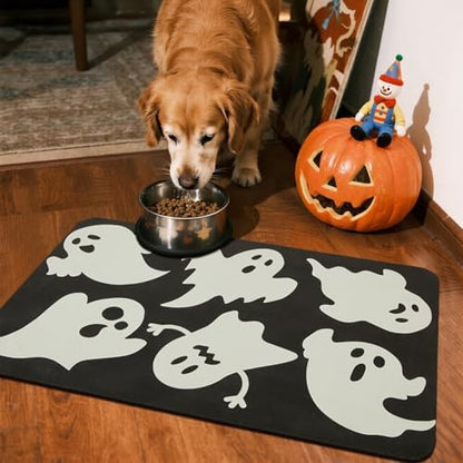 TYUU Thin Halloween Bath Mat, Non-Slip Washable, 17x30 Black Ghosts