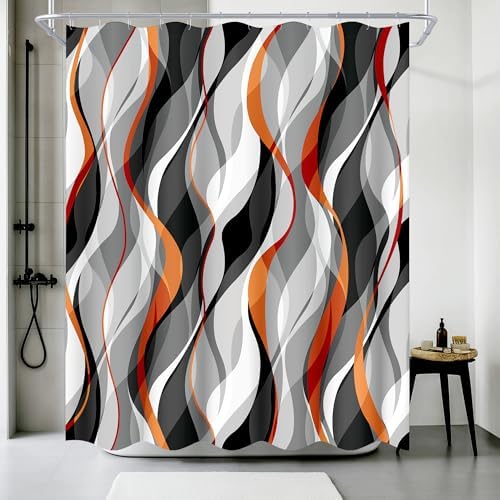 Orange and Grey Shower Curtain for Bathroom - Modern Abstract Striped Minimalist Fabric Bath Curtain Set, Waterproof, Black Gray Orange, 72 x 72 Inch