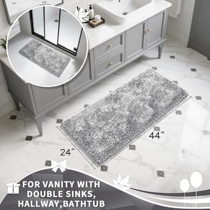 Yimobra Long Bathroom Rug Non Slip 44x24 Inch, Extra Thick Soft Absorbent Chenille Bath Mat, Machine Washable Bath Rugs for Bathroom Floor, Tub and Shower, Home Decor Accessories, Light Grey