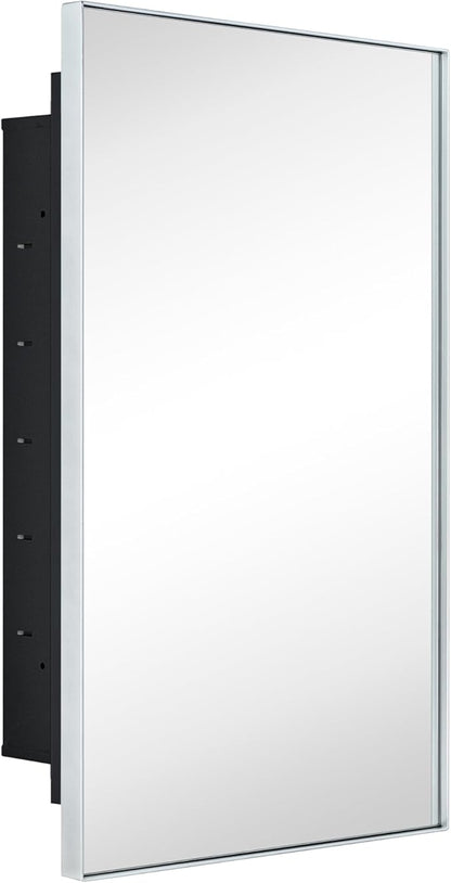 TEHOME Recessed Mount 16x26'' Squared Rectangle Silver Bathroom Medicine Cabinet with Mirror Silver Metal Framed Rectanglular Medicine Cabinet 2 Adjustable Glass Shelves