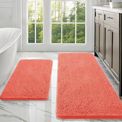 OLANLY Chenille Bathroom Rugs Mats Sets 2 Piece, 47"x20"+30"x20", Coral