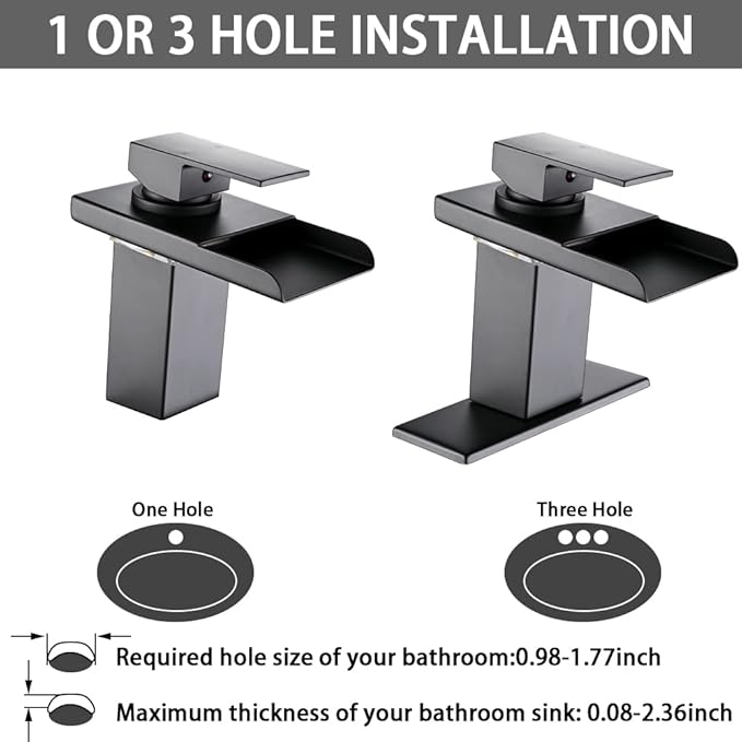 LED Bathroom Sink Faucet, Matte Black Waterfall Single Hole Handle Vanity Faucets for Sinks 1 Hole with Metal Pop Up Drain and 2 Water Supply Lines, Stainless Steel Spout