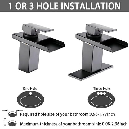 LED Bathroom Sink Faucet, Matte Black Waterfall Single Hole Handle Vanity Faucets for Sinks 1 Hole with Metal Pop Up Drain and 2 Water Supply Lines, Stainless Steel Spout