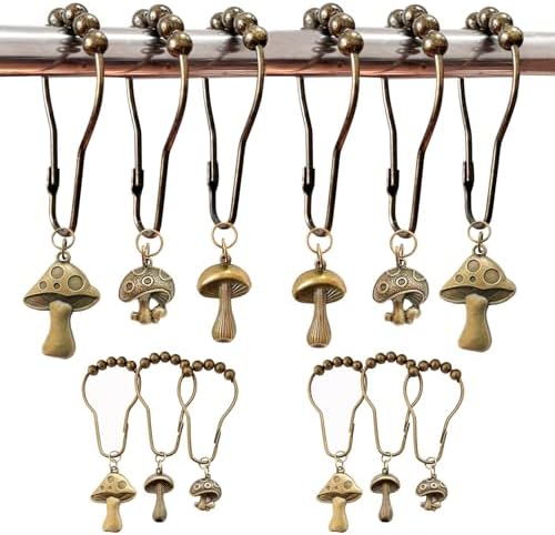 Mushroom Shower Curtain Hooks, 12Pcs Rustproof Metal Cute Retro Mushroom Shower Curtain Hooks Rings for Boho Fairy Forest Country Cottagecore Style Home Bathroom Decor (Set-Bronze)