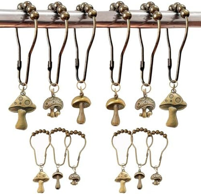 Mushroom Shower Curtain Hooks, 12Pcs Rustproof Metal Cute Retro Mushroom Shower Curtain Hooks Rings for Boho Fairy Forest Country Cottagecore Style Home Bathroom Decor (Set-Bronze)
