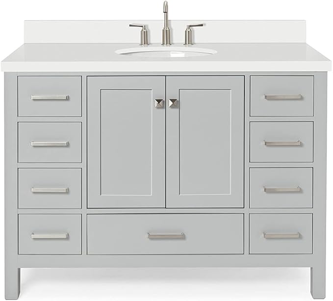 ARIEL Cambridge 48-inch Bathroom Vanity with Sink,Solid Wood, 1.5-inch Pure White Quartz Countertop & Backsplash, Single Oval Porcelain Sink, 2 Soft Closing Doors, 9 Dovetail Drawers, Grey