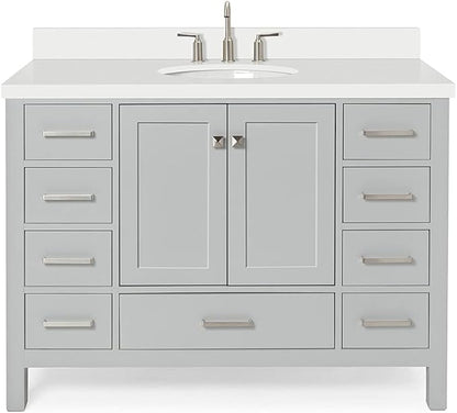 ARIEL Cambridge 48-inch Bathroom Vanity with Sink,Solid Wood, 1.5-inch Pure White Quartz Countertop & Backsplash, Single Oval Porcelain Sink, 2 Soft Closing Doors, 9 Dovetail Drawers, Grey