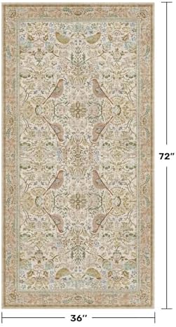 3x6 Washable Rug for Large Entryway - Boho Bird Rugs for Kitchen, Bedroom Beside Bed, Indoor Entrance Door Mat with Moody Woodland Flowers, Non-Slip Stain Resistant Low Pile
