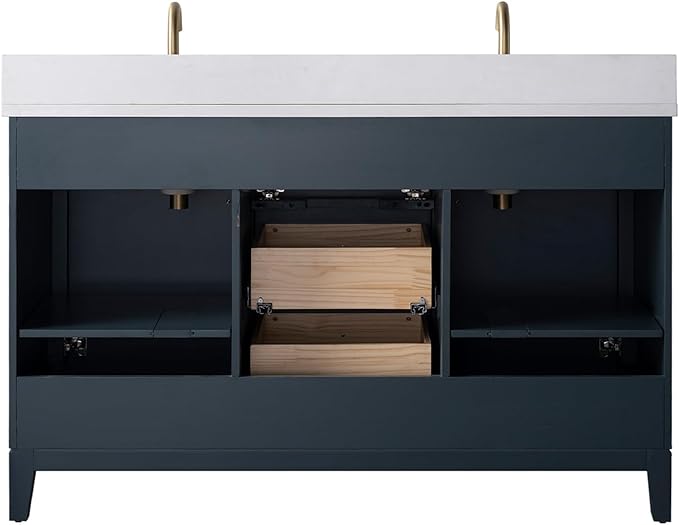 Vanity Art 54" Bathroom Vanity with Double Sink & Arabescato White Engineered Stone Top,Soft Closing Door, Solid Wood Frame, Golden Brushed Handles, Vintage Spruce Blue VA8154D-VSB-GB