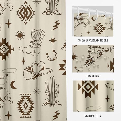 Western Cowboy Shower Curtain, 60x72 Inch, Beige Aztec Horse Cactus Pattern, Rustic Southwestern Tribal Desert Decor, Vintage Country Fabric with 12 Hooks