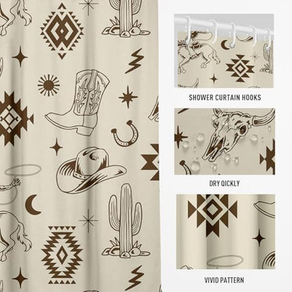 Western Cowboy Shower Curtain, 60x72 Inch, Beige Aztec Horse Cactus Pattern, Rustic Southwestern Tribal Desert Decor, Vintage Country Fabric with 12 Hooks