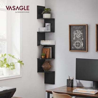 VASAGLE Corner Shelf Wall Mount, 5-Tier Floating Corner Bookshelf, Plant Shelf for Bedroom, Living Room, Bathroom, Home Office, Ink Black