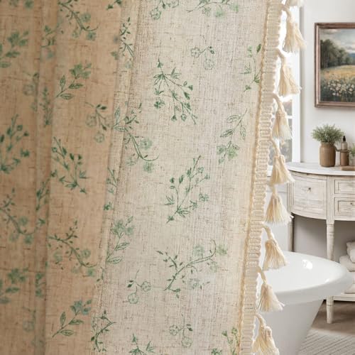 Green Floral Farmhouse Vintage Linen Shower Curtain with Tassel 72Wx72H