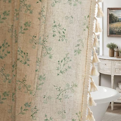 Green Floral Farmhouse Vintage Linen Shower Curtain with Tassel 72Wx72H