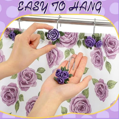 Amyhill 12 Pcs Purple Rose Shower Curtain Hooks Cute Purple Rose Decorative Curtain Rings Bulk Hanger Stainless Steel Resin Spring Flowers Themed Hooks for Bathroom Bedroom Living Room Home Decor