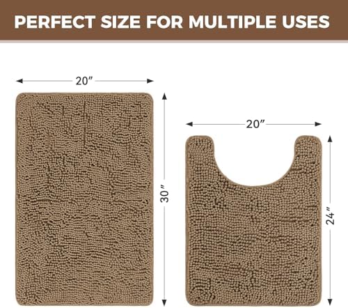 Bcoimo U Shaped Bath Rug Mat Set,2 Piece Chenille Tan Toilet Bathroom Rugs