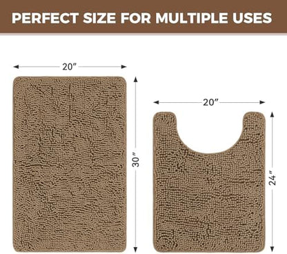 Bcoimo U Shaped Bath Rug Mat Set,2 Piece Chenille Tan Toilet Bathroom Rugs