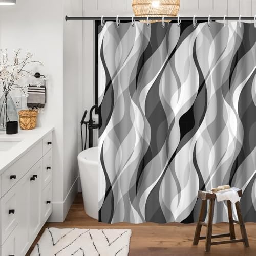 Grey Striped Shower Curtain Extra Wide 108x72 inch 18 Hooks