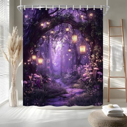 Fantasy Forest Path Shower Curtain Purple Fairy Magical Enchanted Misty Jungle Mushroom Floral Tree Butterfly Lantern Wonderland Bath Curtain Fabric Bathroom Accessories Decor with Hooks 70W x84L