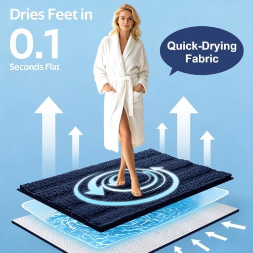 ACCUMTEK Striped Navy Blue Bathroom Rug Mat Set 2 piece 32"x20"+24"x17" Ultra Soft, Non Slip Chenille Bath Rugs, Absorbent Plush Shaggy Bath Mats for Bathroom, Bedroom, Kitchen, Shower, Tub