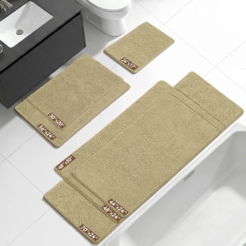 Bcoimo Bath Rug Mat,Beige Chenille High Absorbent Long Bathroom Runner Rugs