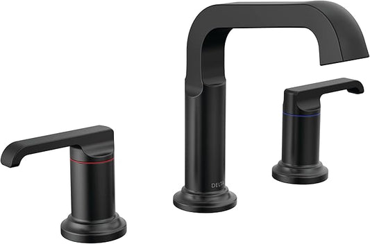 Delta Faucet Tetra Matte Black Widespread Bathroom Faucet 3 Hole, Black Bathroom Faucet for Bathroom Sink, Bathroom Sink Faucet, Diamond Seal Technology, Metal Drain Assembly, Matte Black 35589-BL-DST