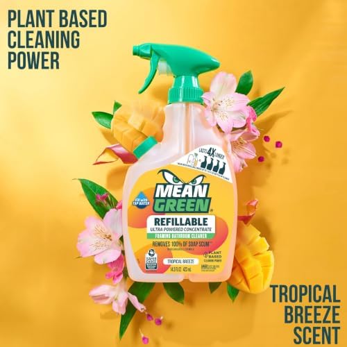 Mean Green Refillable Ultra Powered Bathroom Cleaner Concentrate, Tropical Breeze, 14.3 fl oz – Plant & Mineral Based, Removes 100% of Soap Scum, Refillable Bottle Makes 4X Refills