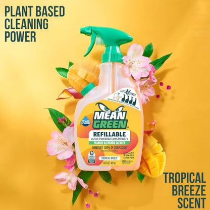 Mean Green Refillable Ultra Powered Bathroom Cleaner Concentrate, Tropical Breeze, 14.3 fl oz – Plant & Mineral Based, Removes 100% of Soap Scum, Refillable Bottle Makes 4X Refills