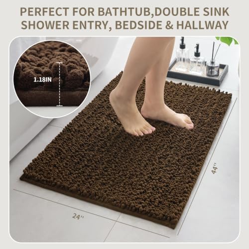 Bathroom Rugs Non Slip Washable 44x24, Extra Thick Soft Chenille Absorbent Bath Mat, High Density Barrier Non Slip Backing, Quick Dry Plush Shaggy Floor Carpet for Tub&Shower, Brown