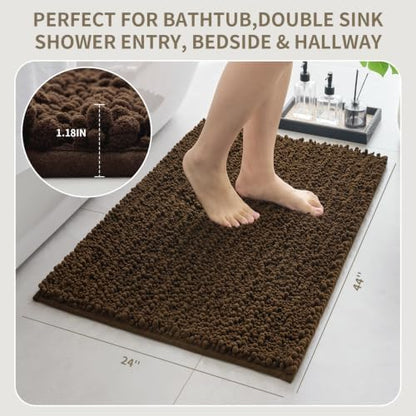 Bathroom Rugs Non Slip Washable 44x24, Extra Thick Soft Chenille Absorbent Bath Mat, High Density Barrier Non Slip Backing, Quick Dry Plush Shaggy Floor Carpet for Tub&Shower, Brown