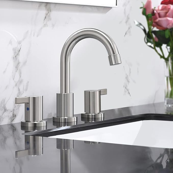 Phiestina 2 Handle 3 Hole 8 Inch Widespread Bathroom Faucet with Metal Pop-Up Drain, Brushed Nickel, WF015-1-BN