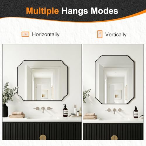 Delma Bathroom Vanity Mirror, Black Framed Aluminum Bathroom Mirror for Over Sink, Scalloped Round Corner Wall Mirror, High-Definition Vanity Mirror, Hangs Horizontally or Vertically (30x24,Black)