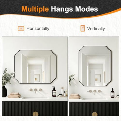 Delma Bathroom Vanity Mirror, Black Framed Aluminum Bathroom Mirror for Over Sink, Scalloped Round Corner Wall Mirror, High-Definition Vanity Mirror, Hangs Horizontally or Vertically (30x24,Black)