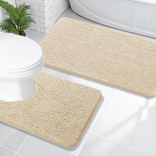 OLANLY Chenille Bathroom Rugs Mats Sets 2 Piece, 47"x20"+24"x20", Beige