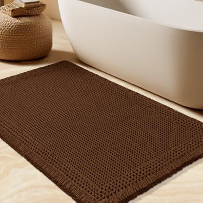 Waffle Bath Mat, Boho Woven Modern Bath Rug Absorbent Non Slip, Ultra Soft Bathroom Mats, Machine Washable Knit Bath Rugs with Border for Bathroom, Bedroom, Kitchen, Shower, Tub, 32"x20", Brown