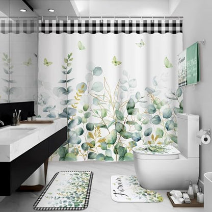 Honoson 8 Pcs Sage Green Eucalyptus Shower Curtain Set with Rugs