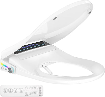 Electric Heated Bidet Toilet Seat Elongated with Remote & Side Control Knob | Auto One-Touch Wash & Dry, Warm Water Wash & Warm Air Dryer, Self-Clean Nozzle, Eco Mode, Soft Close Lid, Night Light