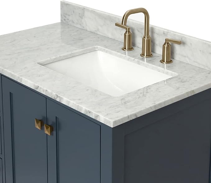 ARIEL Cambridge 36-inch Bathroom Vanity with Sink,Solid Wood, 0.75-inch Italian Carrara Marble Countertop, Single Rectangular Porcelain Sink, 2 Soft Closing Doors, 5 Dovetail Drawers, Midnight Blue