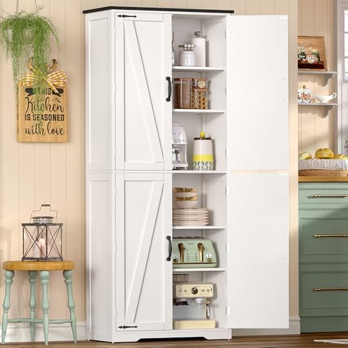 Tall Pantry Cabinet with 4 Doors & 2 Adjustable Shelves, Kitchen Cabinet