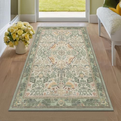 Boho Large Entryway Rugs Indoor - Sage Green 3x5 Washable Rugs for Kitchen Bedroom Beside Bed Laundry Room Door Mat Indoor Entrance with Light Green Woodland Flowers, Non Slip Stain Resistant Low Pile
