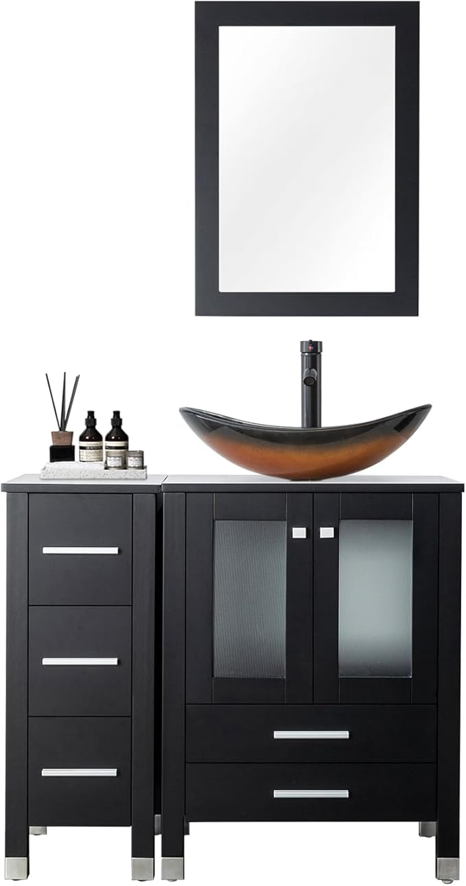 LUCKWIND 36" Bathroom Vanity Combo with Sink, 24"+12.6" Width, Painted Bathroom Storage Cabinet with 5 Drawers, Including Brown Boat Sink Without Mirror, Black