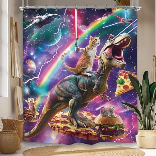 Funny Dinosaur Cat Shower Curtain 60Wx72L Inch Cool Kids Boys Galaxy Space Universe Hilarious Animal Bathroom Set Accessories Decor with 12 Pack Hooks