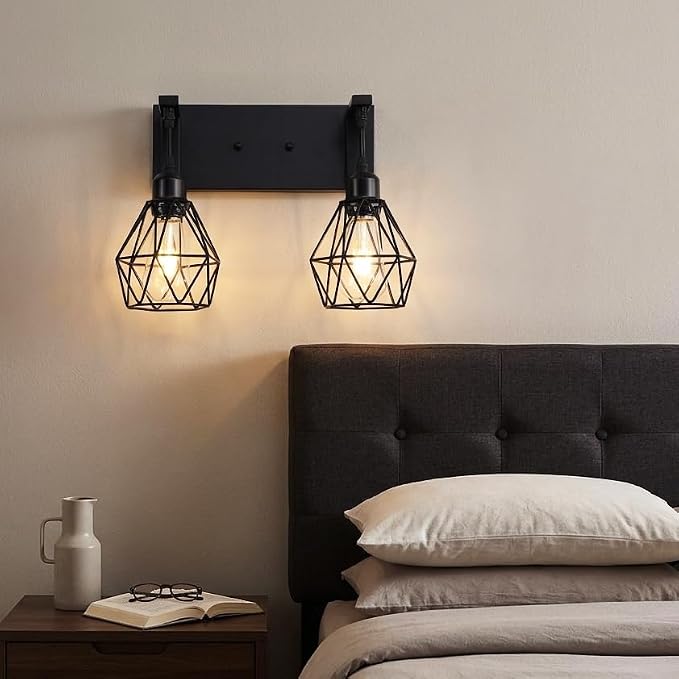 Somniferous Farmhouse Bathroom Light Fixtures, 2 Light Bathroom Vanity Light Over Mirror, Black Bathroom Light with Caged Metal Shade, Rustic Wall Sconce for Bedroom, Living Room, Hallway, E26 Socket