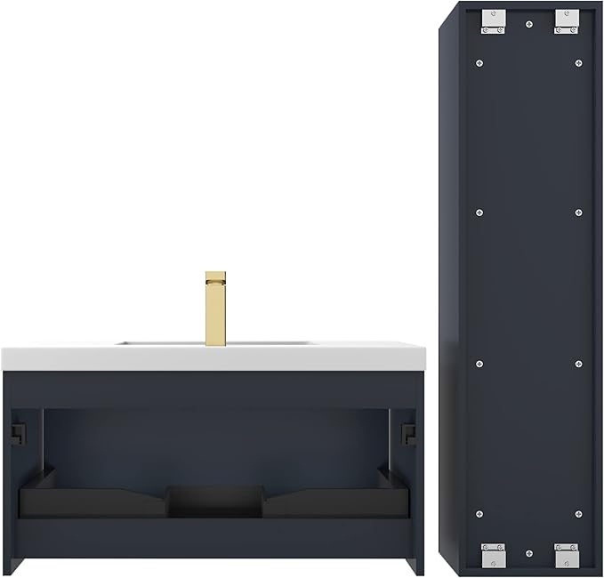 Blossom 36 Inch Bathroom Vanity with Sink and Side Cabinet, All Wood Floating Bathroom Vanity with Acrylic Sink, Bathroom Sink Cabinet with Soft-Close Drawer, Modern Style Vanities, Night Blue
